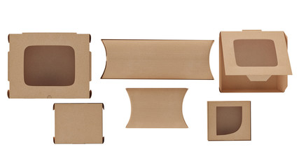 Packaging food box cardboard brown open and closed on white isolated background. 3D rendering