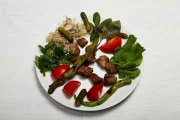 Selection of meat from Turkish cuisine. Meatballs, steaks, tenderloin and other varieties.