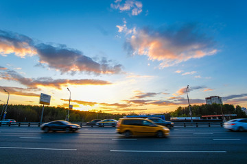 Obraz na płótnie Canvas Moscow, Russia - May, 5, 2019: traffic in Moscow at sunset