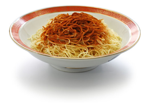 homemade dried shrimp roe noodles, chinese macau cuisine, ha zi lo mien isolated on white background