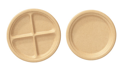 Packaging food plates cardboard brown on white isolated background, top view. 3D rendering
