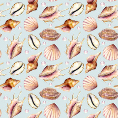 Watercolor shells with pearls seamless pattern. Hand painted underwater illustration isolated on pastel blue background. Aquatic illustration for design, print or background.