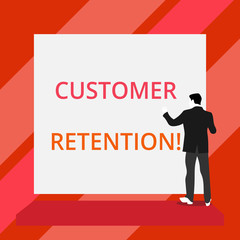 Word writing text Customer Retention. Business photo showcasing Keeping loyal customers Retain analysisy as possible Back view young man dressed suit standing platform facing blank rectangle