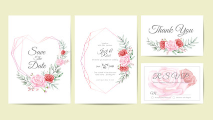 Watercolor Floral Frame Wedding Invitation Cards Template Set. Hand Drawing Flower and Branches Save the Date, Greeting, Thank You, and RSVP Cards Multipurpose