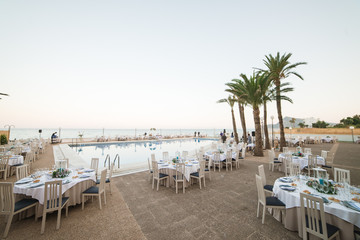 Decorated tables for a wedding reception at beach resort