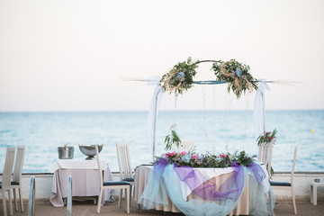 Decorated tables for a wedding reception at beach resort