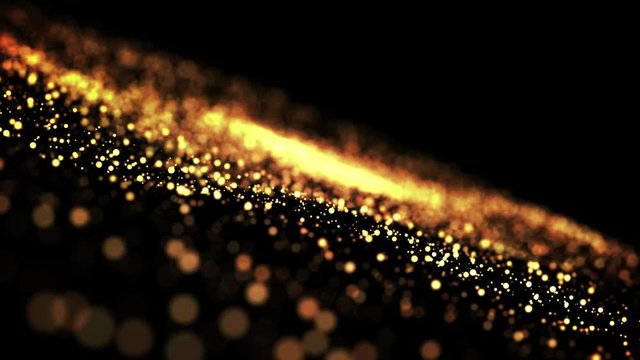 gold particles in liquid float and glisten. Background with glittering golden particles depth of field and bokeh. Luma matte to cut out glowing particles for holiday presentations. 4k 3d animation. 53