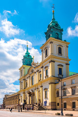 Warsaw, Poland - Front view of the baroque Holy Cross Church, at the Krakowskie Przedmiescie street in the Old Town quarter of Warsaw