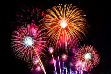Fototapeta na wymiar Beautiful firework display on sky at night for celebration