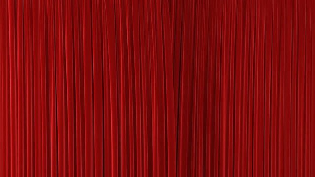 Red Theatrical Waving Curtains Opening and Closing on Green Screen. Abstract 3d Animation of Silk Cloth Revealing Background with Alpha Matte. 4k Ultra HD 3840x2160