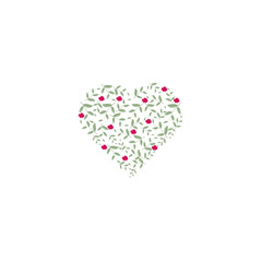 Small heart filled with leaves of green and pink flowers. Sign of ecology and nature. Suitable for cards, invitations and eco products. For highlights and icons.