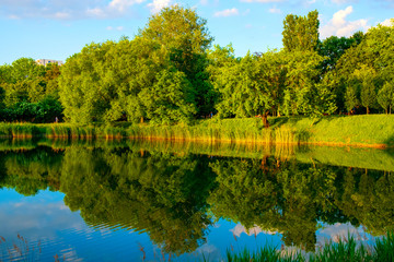 Warsaw, Poland - Panoramic view of the Szczesliwicki Park - one of the largest public parks in Warsaw - in the western part of the Ochota district