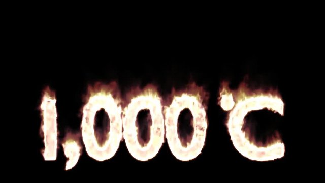 Animated burning or engulf in flames all caps text 1000 Degree Celsius. Isolated and against black background, mask included.