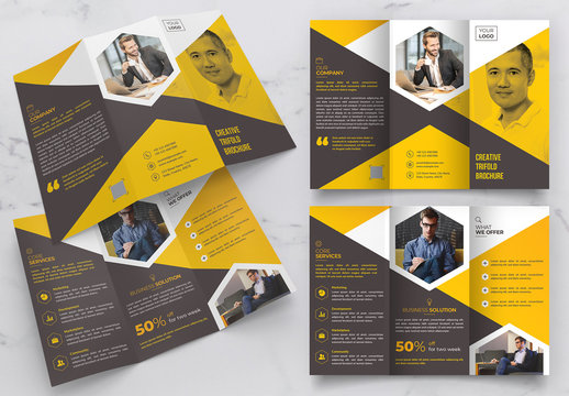 Trifold Yellow Brochure Layout with Hexagon Geometric Photo Masks
