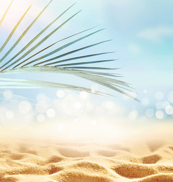 Summer beach background. Sand, palm leaf, sea and sky.