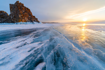 Frozen Lake Baikal, in April 2018