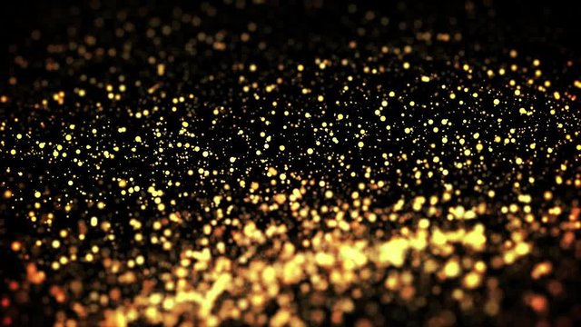 gold particles in liquid float and glisten. Background with glittering golden particles depth of field and bokeh. Luma matte to cut out glowing particles for holiday presentations. 4k 3d animation. 57