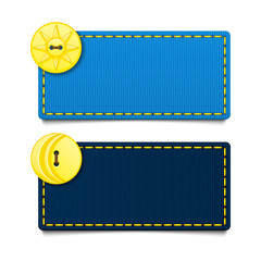Set of two horizontal rectangular blue fabric banners. Label with seam. Yellow buttons. Sun, moon, day and night. Template with place for text. Isolated on white background. Eps10 vector illustration.
