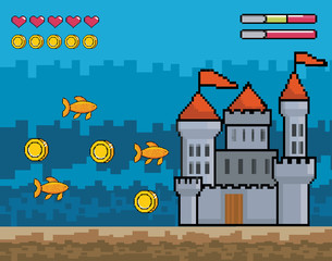 castle with fishes and coins with hearts life bars