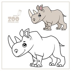 Cute cartoon little rhinoceros color and outlined on a white background  for coloring page