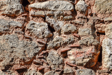 Background texture of an old masonry wall of limestone and cement.