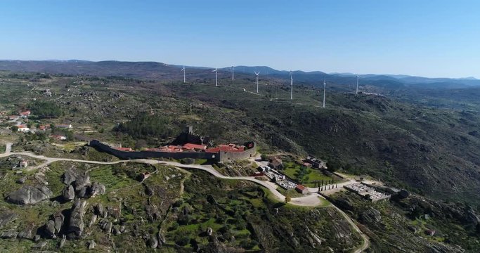 Aerial revealing view of the historic village of Sortelha in Portugal