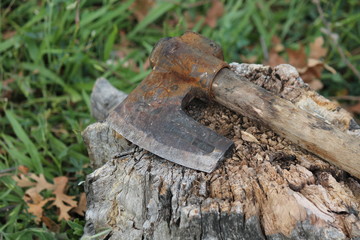 old iron wood cutting ax