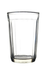 Empty faceted glass isolated on white background.