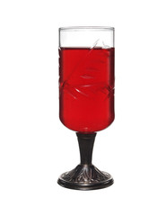 Crystal wine glass with silver stem filled with red wine isolated on white background.