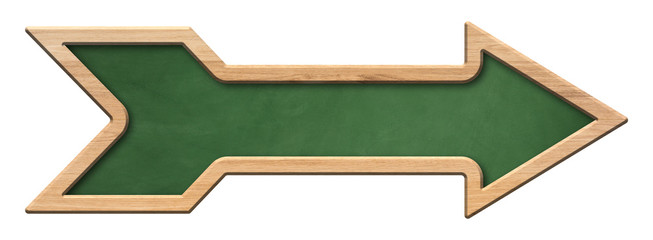Oblong green blackboard with bright wooden frame and arrow shape