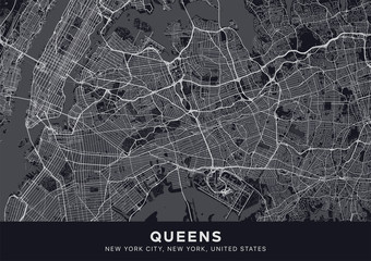 Queens map. Dark poster with map of Queens borough (New York, United States). Highly detailed map of Queens with water objects, roads, railways, etc. Printable poster.