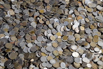 Old Turkish coins kurus and lira. Outdated metal money.