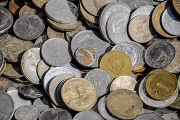 Old Turkish coins kurus and lira. Outdated metal money.