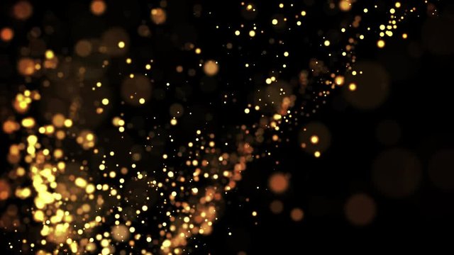 gold particles in liquid float and glisten. Background with glittering golden particles depth of field and bokeh. Luma matte to cut out glowing particles for holiday presentations. 4k 3d animation. 63