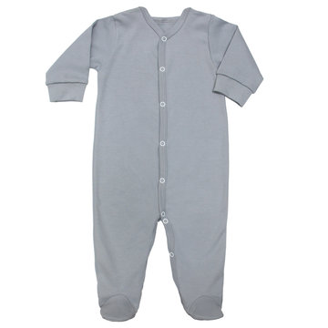 Flat Lay gray cotton sleep suit for baby with long sleeve isolated on a white background, for boys. Mock up for design and placement of logos, advertisements. Copy space for text or pictures