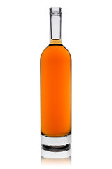 the open bottle of cognac with reflection isolated on a white background
