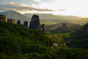 Meteora in Greece Cliffs, kalambaka sunset monastery