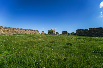 Fototapeta na wymiar Kreva Castle in the summer in Smorgon district, Grodno region, Belarus. Ruins of a major fortified residence of the Grand Dukes of Lithuania