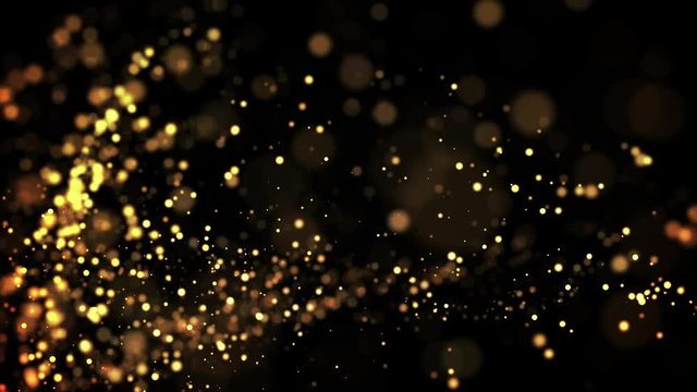 gold particles in liquid float and glisten. Background with glittering golden particles depth of field and bokeh. Luma matte to cut out glowing particles for holiday presentations. 4k 3d animation. 65
