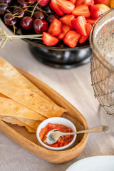 Bread or Focaccia with sauce. Gala dinner, serving table for birthday or wedding. Different meals for the guests on Banquet. delicious dishes on the table in the restaurant.