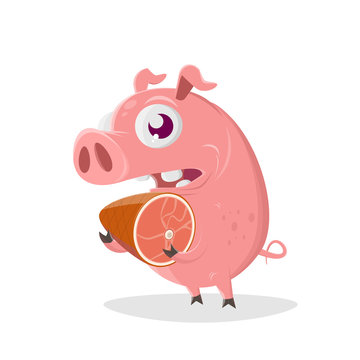 funny cartoon illustration of a pig holding a ham