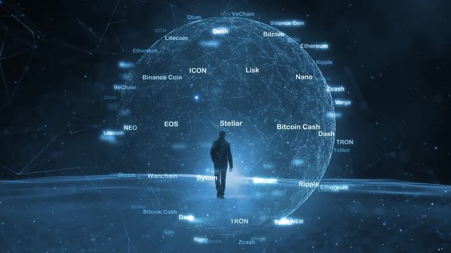 Businessman walks on digital cryptocurrency computer network.