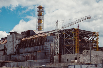 Chernobyl Nuclear Power Plant after atomic reactor explosion. Destroyed abandoned station and ghost...