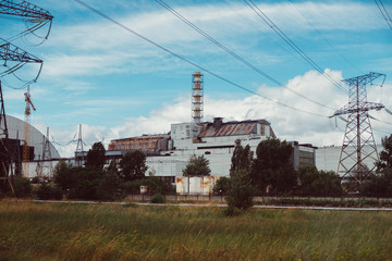 Chernobyl Nuclear Power Plant after atomic reactor explosion. Destroyed abandoned station and ghost...