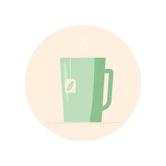 Vector icon of a mug with tea bag and steam. Isolated in circle. Flat design. Green color.
