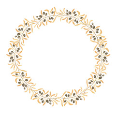 Watercolor wreath of gold color from the branches, leaves and berries of the olive tree