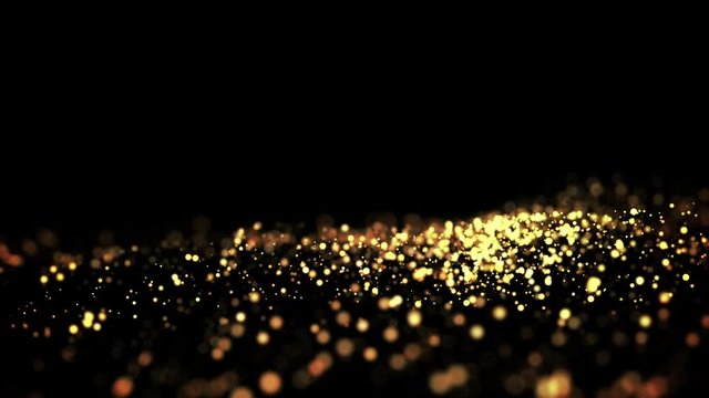 gold particles in liquid float and glisten. Background with glittering golden particles depth of field and bokeh. Luma matte to cut out glowing particles for holiday presentations. 4k 3d animation. 67