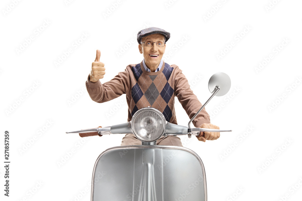 Poster Happy senior man riding a vintage scooter and giving thumbs up