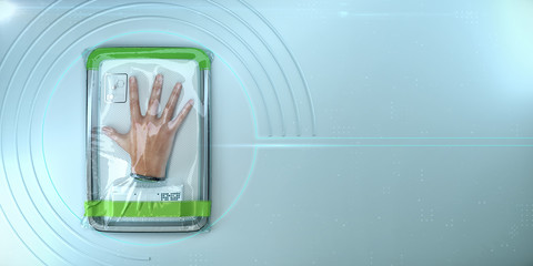 human hand, bionic organ packed in plastic vacuum wrap. concept of replacing donor organs. longevity medical care augmentation transplantation 3d render