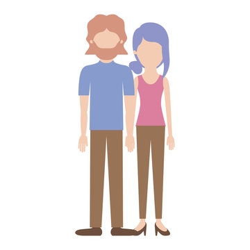 faceless couple colorful silhouette and both with t-shirt and pants and shoes and him with mid length hair and beard and her with collected hair and fringe